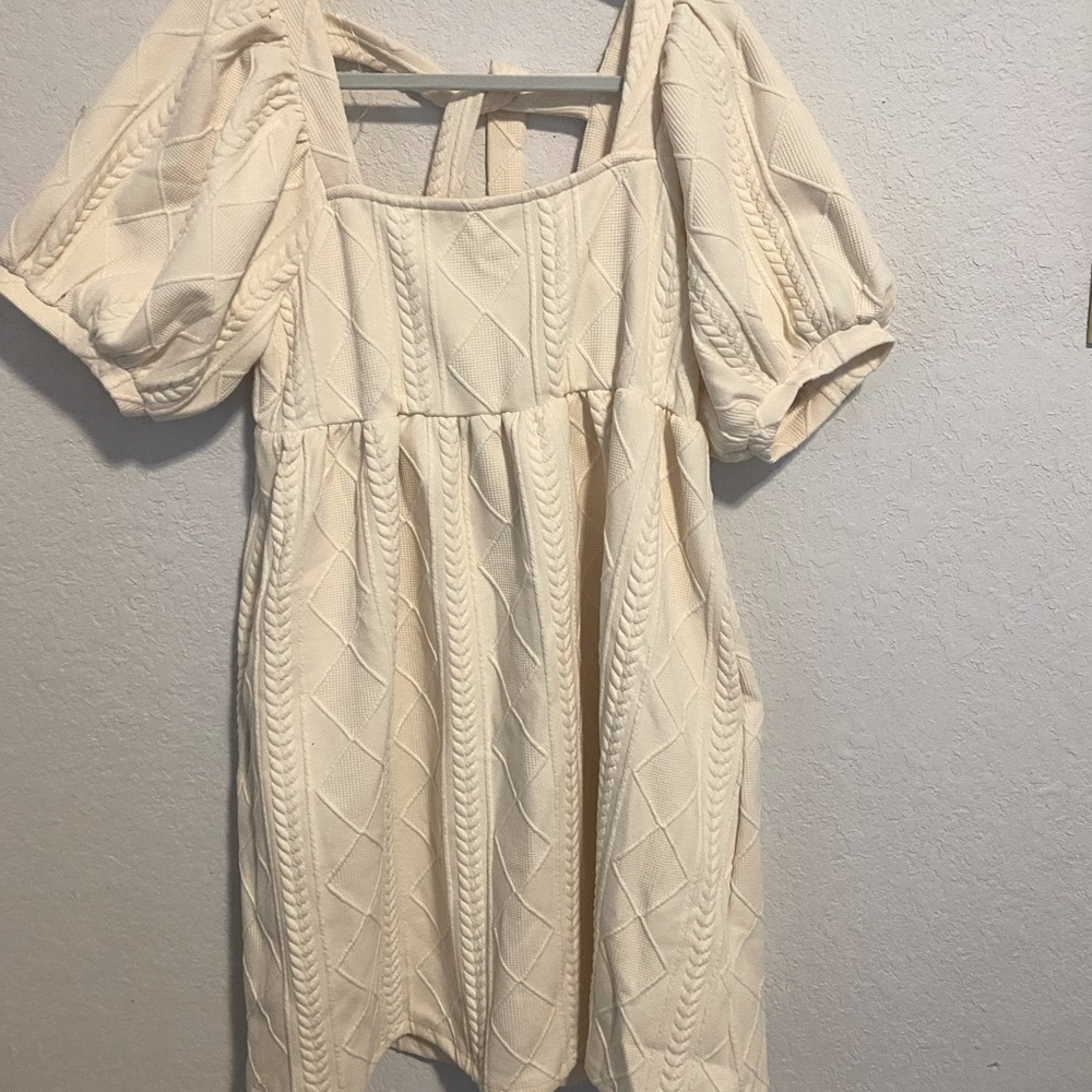 Listicle, ivory  puff sleeve, tie back sweater dress